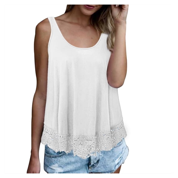 Tank Tops for Women O Neck Lace Flowy Solid Color Loose Cotton Tops