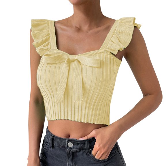 Tank Tops for Women Peplum Flying Sleeve Bow Slim Cropped Vests