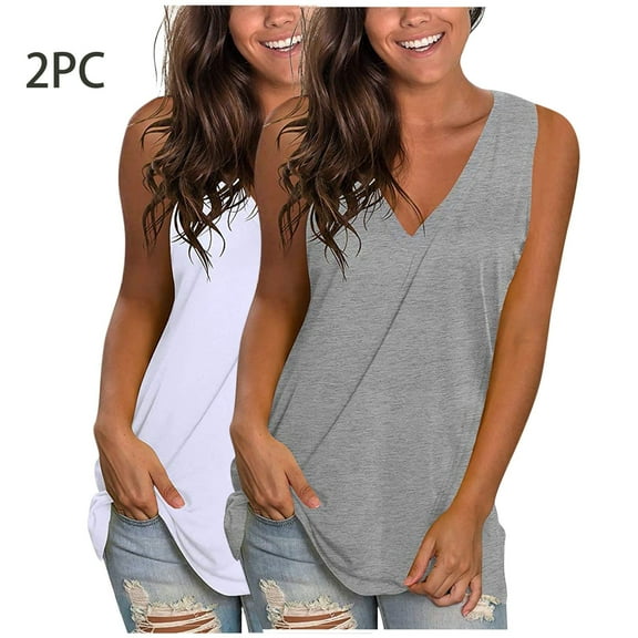 Tank Tops for Women Plus Size 2PC Sleeveless Round Neck Casual Solid Color Loose Blouses Gray L