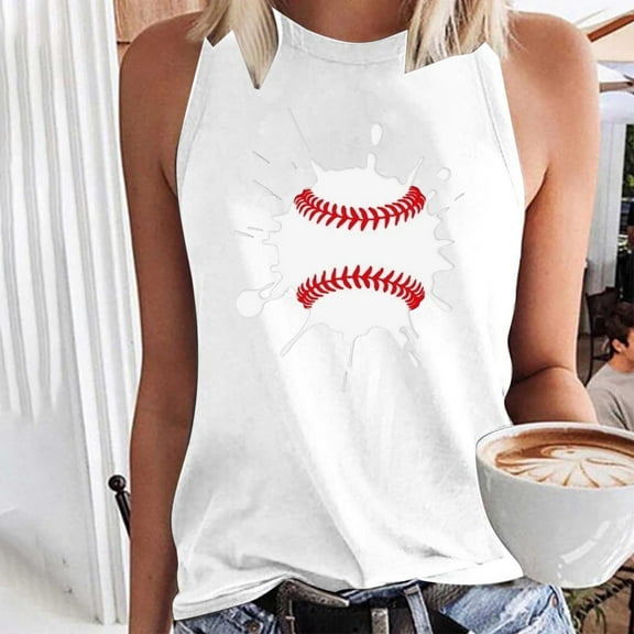 Tank Tops for Women Plus Size Baseball Print Sleeveless Round Neck Summer Casual Top White XXL