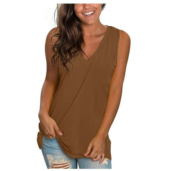Tank Tops for Women Plus Size Clearance Sleeveless V-Neck Solid Vest Loose Pullover Tops Khaki XXL