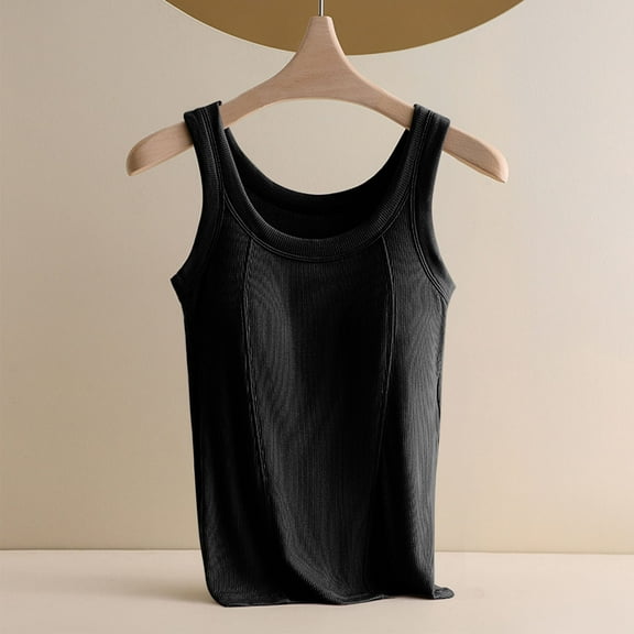 Tank Tops for Women Plus Size Solid Color with Built in Bra Camisole No Steel Rings Bottom Underwear T-shirt Black 2XL
