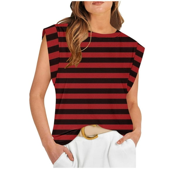 Tank Tops for Women Plus Size Stripe Sleeveless Cap Sleeve Round-Neck Casual Blouse Red L