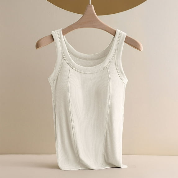 Tank Tops for Women Plus Size under $5 Solid Color with Built in Bra Camisole No Steel Rings Bottom Underwear T-shirt Beige 2XL