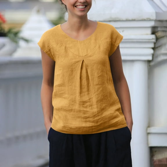 Tank Tops for Women Plus Size Cotton Linen Cap Sleeve Sleeveless Solid Color Loose Shirt T-shirt Orange XL