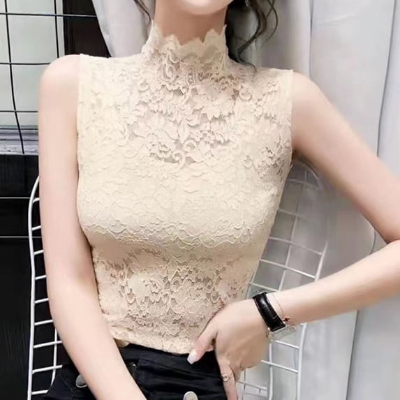 Tank Tops for Women Plus Size Lace High Neck Bottom Sleeveless Solid Color Slim Tops Stand-up Tank Beige L