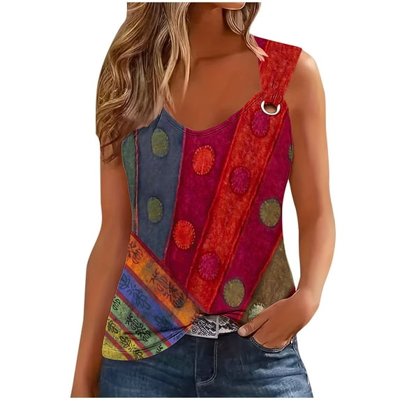 Tank Tops for Women Plus Size Printed Camisole Sleeveless V-Neck Summer T-shirt Loose Tank Tops Red XL