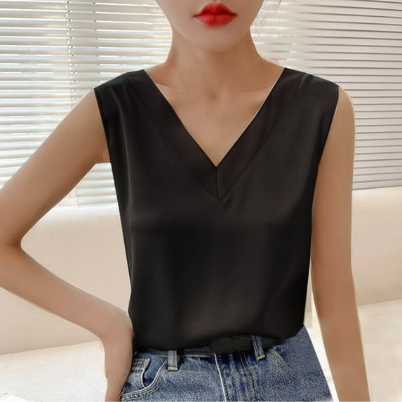 Tank Tops for Women Plus Size Satin V-neck Solid Color Tank Camisole Undershirt Black L