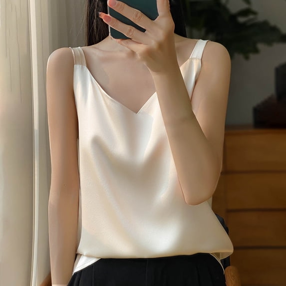 Tank Tops for Women Plus Size Satin V-neck Solid Color Tank Camisole Undershirt Gold L
