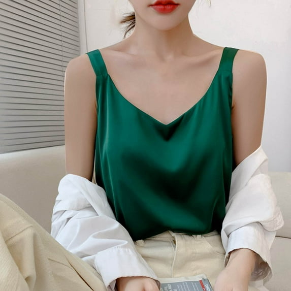 Tank Tops for Women Plus Size Satin V-neck Solid Color Tank Camisole Undershirt Green L