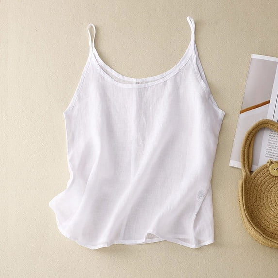 Tank Tops for Women Plus Size Sleeveless Cotton Linen Round Neck Solid Color Loose Shirt White L