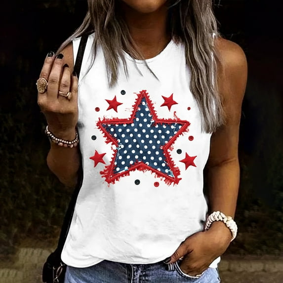 Tank Tops for Women Plus Size Sleeveless Independence Day Round Neck Summer Casual Loose T-Shirt White XL