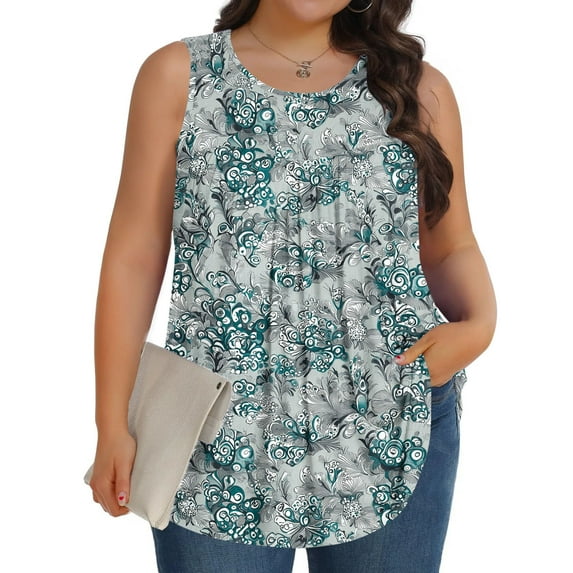 Tank Tops for Women Plus Size Sleeveless Round-Neck Casual Floral Printed T-shirt Gray XL