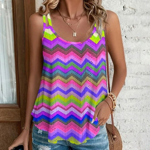 Tank Tops for Women Plus Size Sleeveless Round Neck Court Lock Casual Printed Camisole Tank Purple L