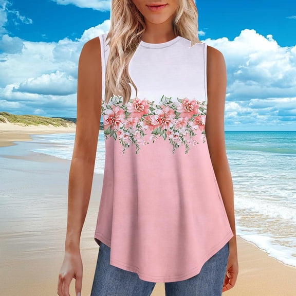 Tank Tops for Women Plus Size Sleeveless Round Neck Printed Pullover Casual Tank Pink XL