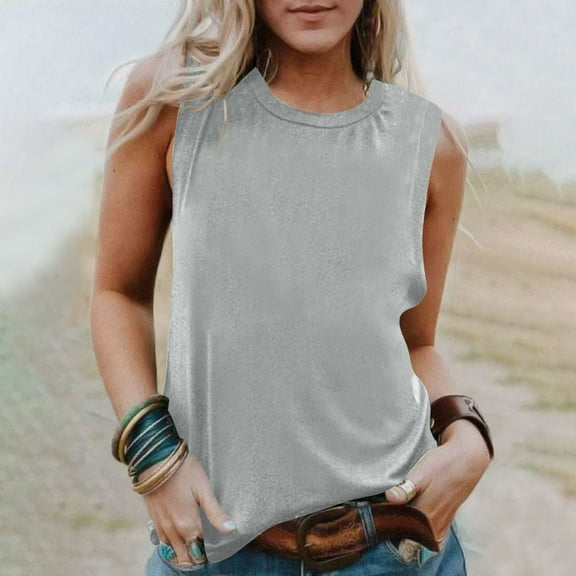 Tank Tops for Women Plus Size Sleeveless Round Neck Solid Color Shirt Casual Tank Silver XL