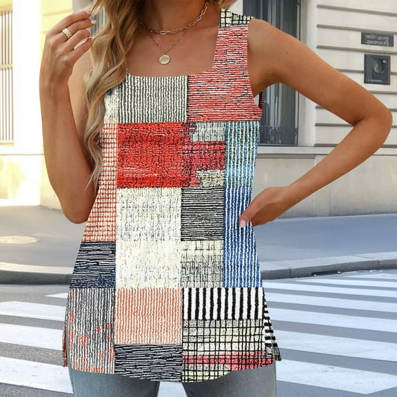 Tank Tops for Women Plus Size Sleeveless Square Collar Floral Print Casual Loose T-shirt *Orange XL