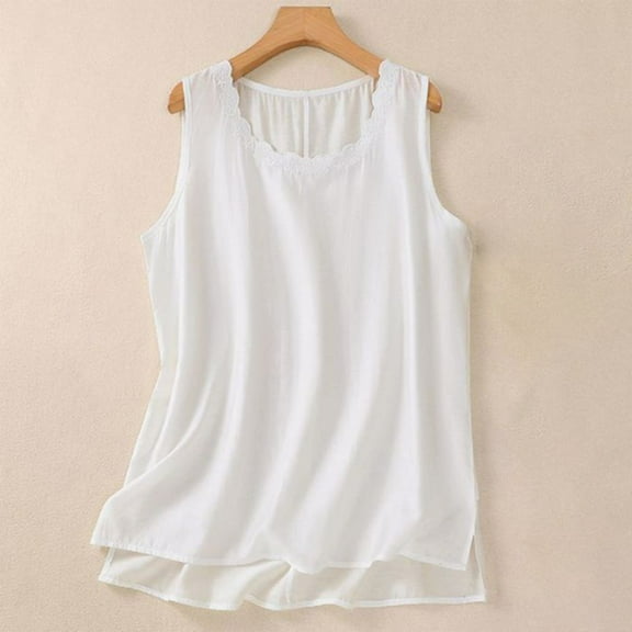 Tank Tops for Women Plus Size Sleeveless V-neck Cotton Linen Lace Strap Summer Solid Color Casual T-shirt White XL