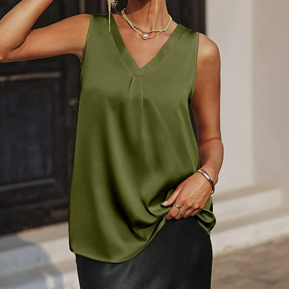 Tank Tops for Women Plus Size Sleeveless V-neck Satin Silk Solid Color Sexy Casual Loose Vest Top Army Green XL