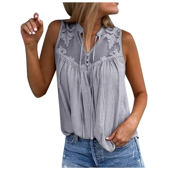 Tank Tops for Women Plus Size V-Neck Sleeveless Perspective Lace Stitching Summer Blouse Gray XL