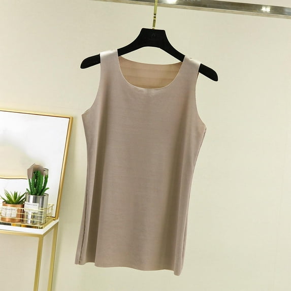 Tank Tops for Women Plus Size under $5 Sleeveless Ice Silk Round Neck Solid Color Loose Pajama Tank Tops Khaki 2XL