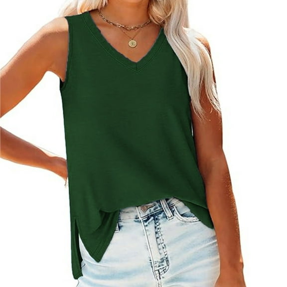 Tank Tops for Women Plus Size under $5 Sleeveless V-neck Slim Fitted Solid Color Hem Split Casual Tank Green 2XL