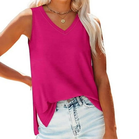 Tank Tops for Women Plus Size under $5 Sleeveless V-neck Slim Fitted Solid Color Hem Split Casual Tank Hot Pink 2XL