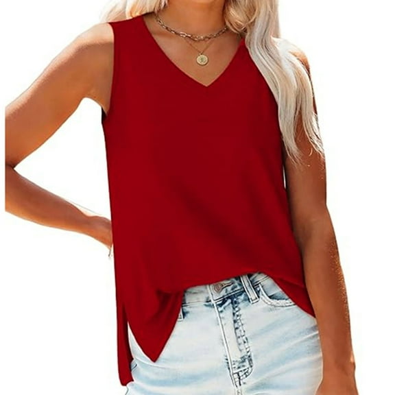 Tank Tops for Women Plus Size under $5 Sleeveless V-neck Slim Fitted Solid Color Hem Split Casual Tank Red 2XL