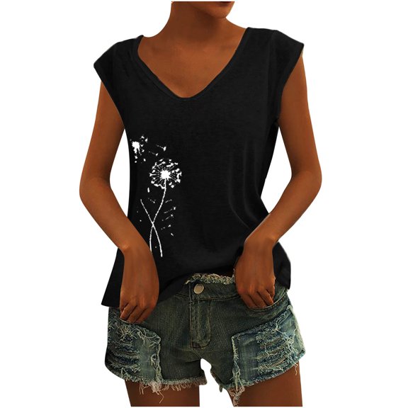 Tank Tops for Women Plus Size under $5 V-Neck Sleeveless Printing Dandelion Solid Color Summer Tops Black L