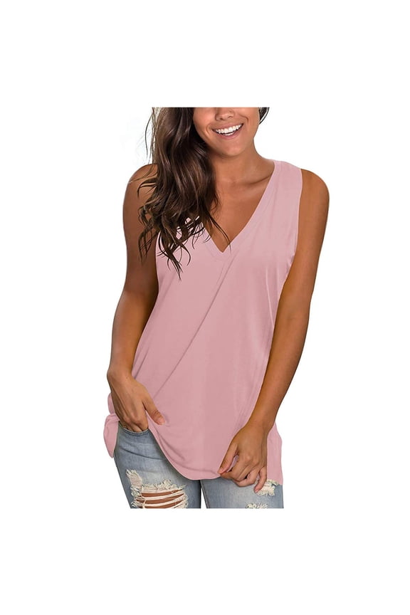 Tank Tops for Women Plus Size under $5 V-Neck Sleeveness Casual Solid Loose Vest Blouses Pink XL