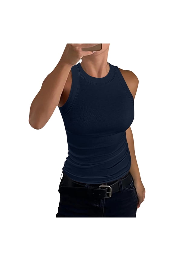 Tank Tops for Women Ribbed Racerback Top Shirts High Neck Tank Casual Slim fit Basic Summer Tops Navy S