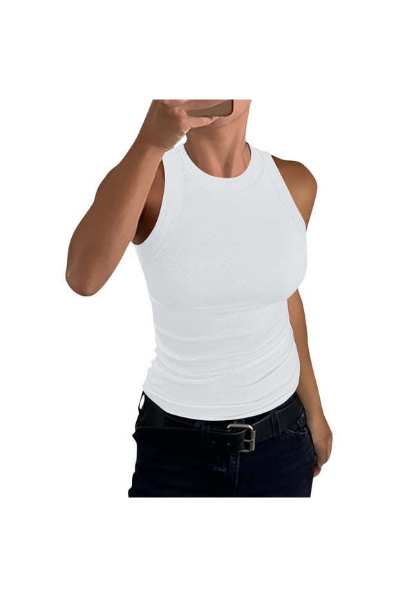 Tank Tops for Women Ribbed Racerback Top Shirts High Neck Tank Casual Slim fit Basic Summer Tops White L