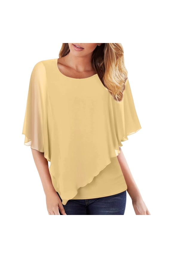 Tank Tops for Women Round Neck Chiffon Bat Sleeve Double Layer Tunics
