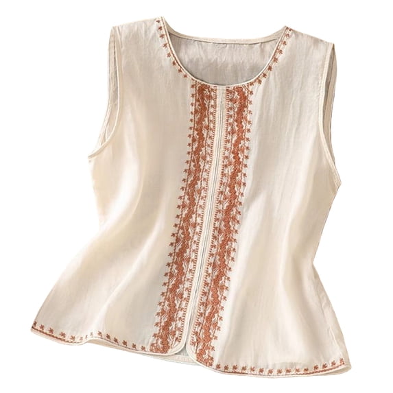 Tank Tops for Women Round Neck Cotton Linen Solid Color Sleeveless Blouses