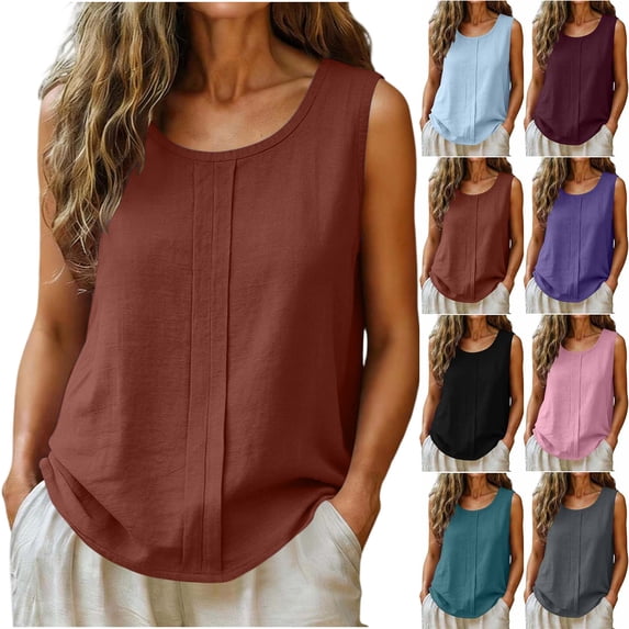 Tank Tops for Women Round Neck Fashionable Summer Linen Solid Color Sleeveless with Pleats Beach Vacation Wear