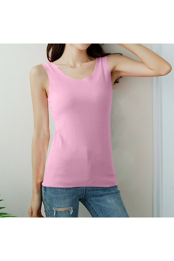 Tank Tops for Women Round Neck With Double Pockets German Velvet Seamless For Warm Belly And Warm Bottom Slim And Skin Friendly Top Hot Pink L