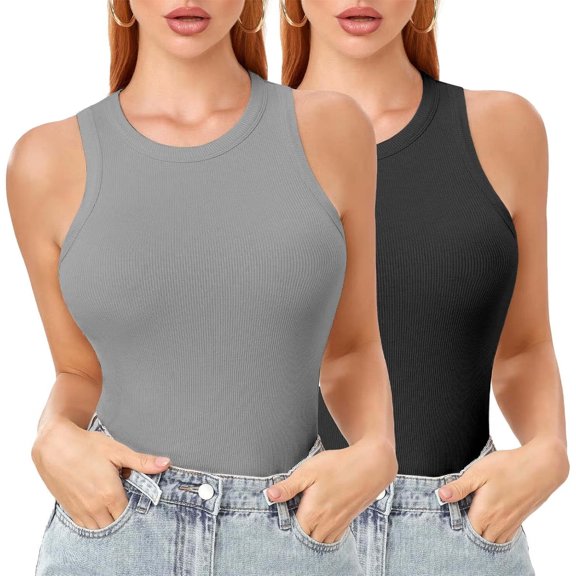 Tank Tops for Women Scoop Neck Summer Basic Cami Top Ribbed Slim Fitted Sleeveless Racerback