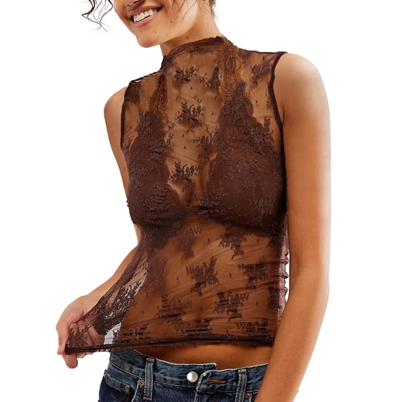 Tank Tops for Women Sheer Lace Mesh Sleeveless Base Layer Tops