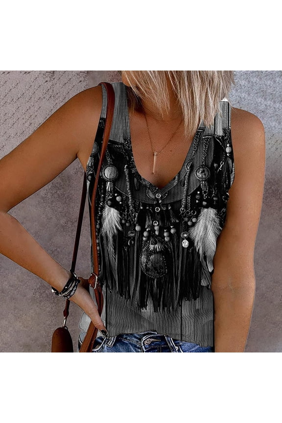 Tank Tops for Women Short Sleeve Feather Print Ethnic Style Sleeveless Elastic Thread Vest Top Blouse