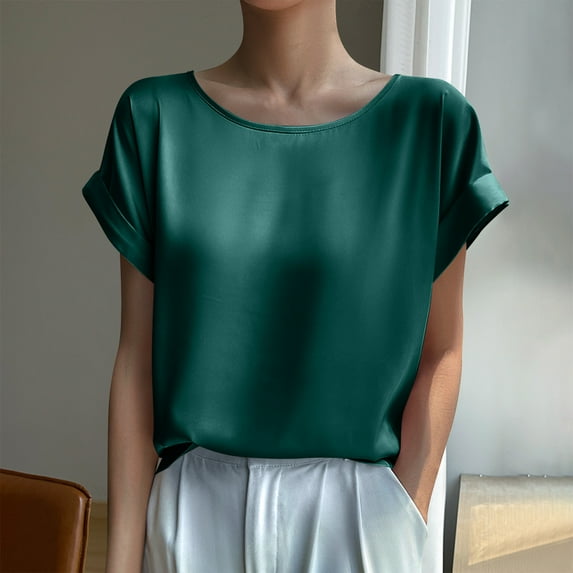 Tank Tops for Women Short Sleeve Satin Solid Color Round Neck Casual Shirt Top Green L