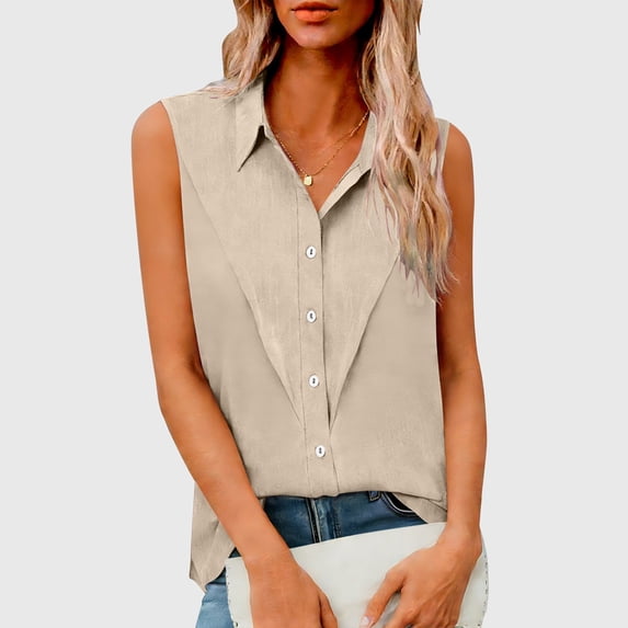 Tank Tops for Women Sleeveless Button down Blouses Casual Summer V Neck Lapel Collared Solid Dressy Office Work Shirts
