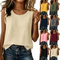 thumbnail image 1 of Tank Tops for Women, Sleeveless Crew Neck Shirts with Side Slit, Cotton Linen Loose Casual Tops, Summer Beach Lounge Wear | VerBelle,Khaki XL, 1 of 9