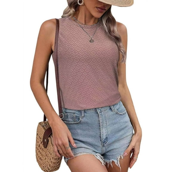 Tank Tops for Women Sleeveless Eyelet Shirts Gray Pink S