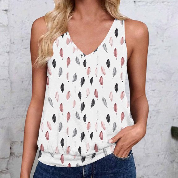 Tank Tops for Women Sleeveless Floral Printed V Neck T-shirt White XXL