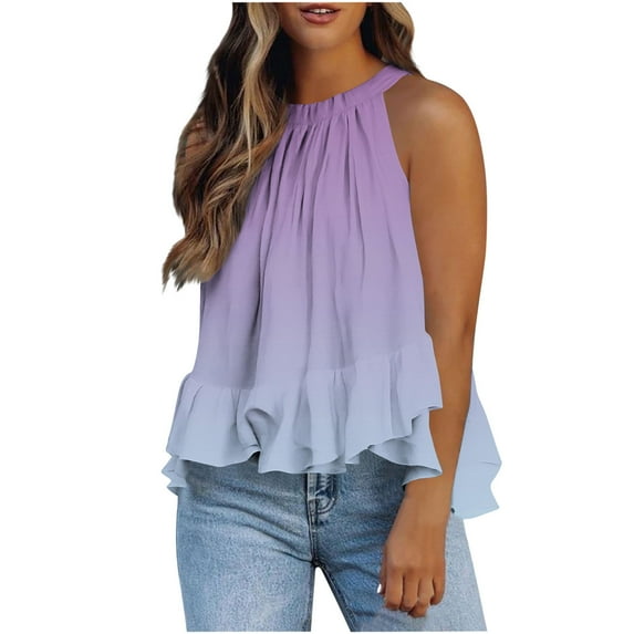 Tank Tops for Women Sleeveless Gradient Ruffles Hem Hanging Neck Vest Printed Loose T-shirt Navy S