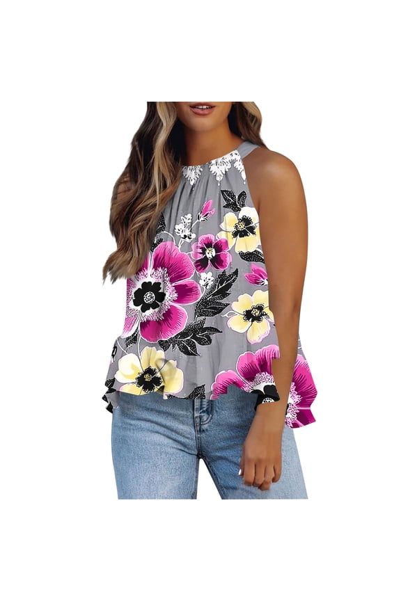 Tank Tops for Women Sleeveless Hanging Neck Vest Ruffles Hem Printed Loose T-shirt 1-Purple S