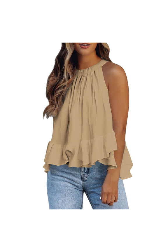 Tank Tops for Women Sleeveless Hanging Neck Vest Ruffles Hem Solid Color Loose T-shirt Khaki S