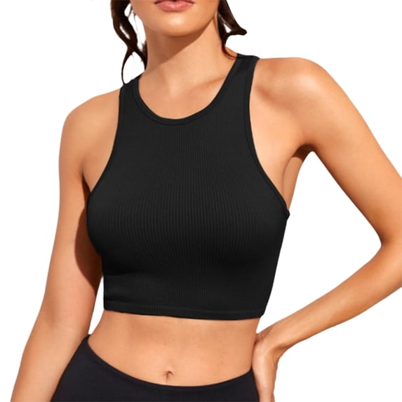 Tank Tops for Women Sleeveless High Neck Fashion Ribbed Tank Tops for Women Built In Bra Summer Tops Clothes Outfits Black M
