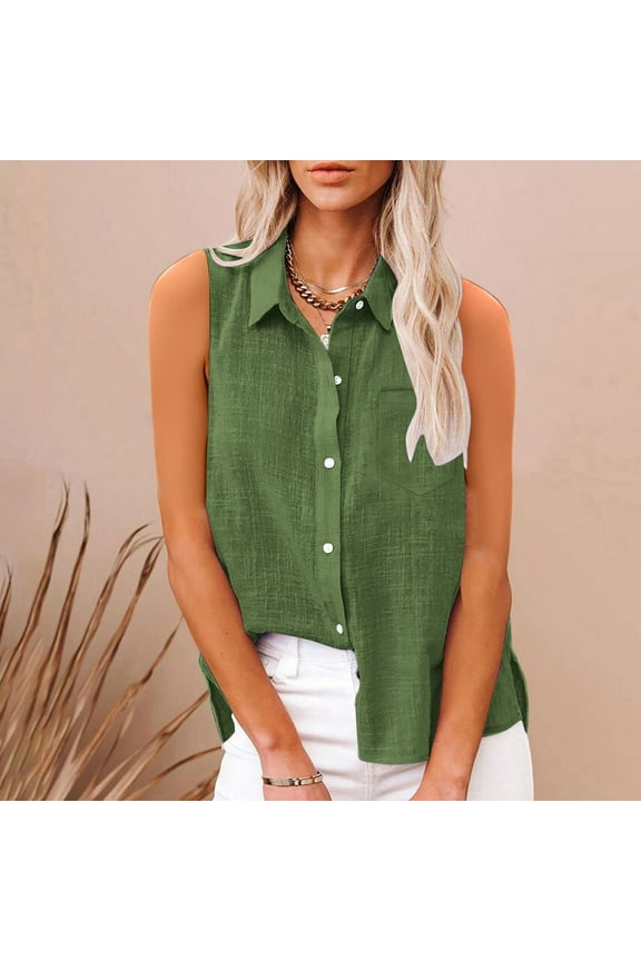 Tank Tops for Women Sleeveless Pocket Button Up Cotton Linen Summer Solid Color Shirt Army Green S