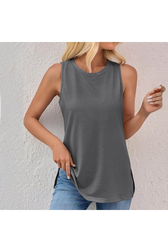 Tank Tops for Women Sleeveless Round-Neck Basic Tank Casual Flowy Summer T-Shirt Gray S